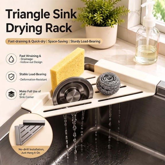 Triangle Kitchen Sink Draining Rack, Faucet‑hanging Sink Storage Holder for Sponge Dishcloth Scrub Brushes, White