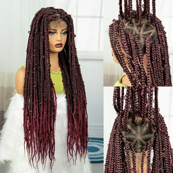 Triangle Knotless Braided Wigs Synthetic Full Lace Cornrow Box Braiding Wigs for Black Women 36 Inches Long Hair Wigs with Baby Hair (1B/BUG Color)