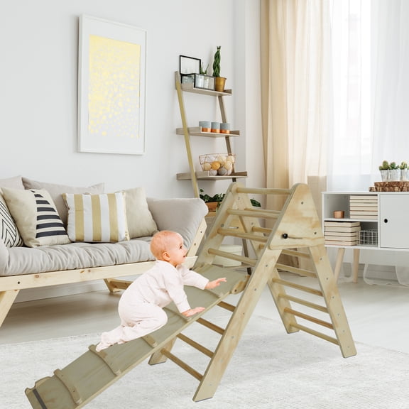 Triangle Ladder with Ramp and Slide, Wooden Foldable 2-in-1 Climbing for Toddlers and Kids