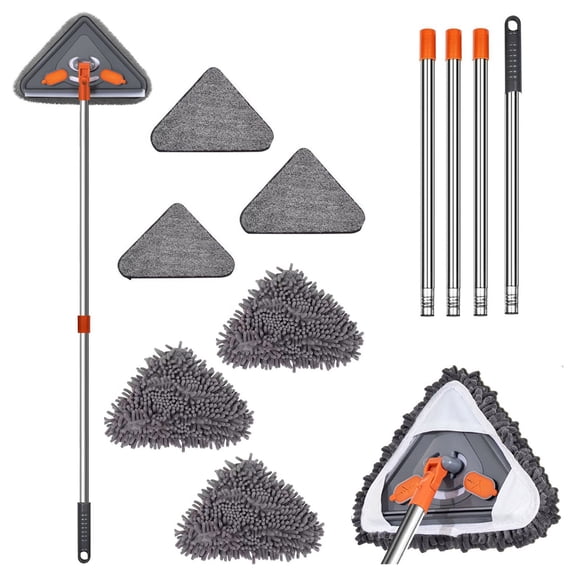 Triangle Mop Set With Extendable Long Handle Rotatable Microfiber Wet Dry Cleaning Mop With Washable Replacement Pads For Wall Ceiling Baseboard Window Floor(Grey-8.66")