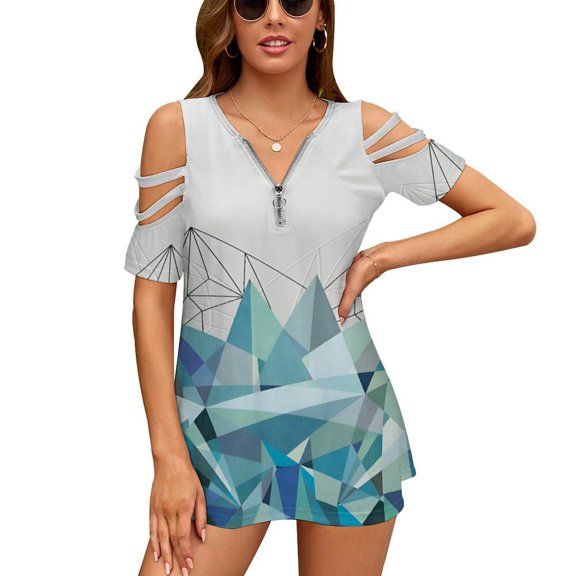 Triangle Mountain Art Womens Summer V Neck Zipper Top Short Sleeve T Shirt Off Shoulder Top Casual Classy Loose Shirts