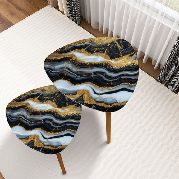 Triangle Nesting Coffee Table Set of 2 Abstract Marbling Black White Marble Golden Veins Marble Veins Gold End Table Modern Minimalist Side Table Set for Living Room Bedroom