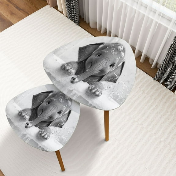 Triangle Nesting Coffee Table Set of 2 Animal Prints Black White Funny Elephant Bathtub Baby Bubbles Water End Table Modern Minimalist Side Table Set for Living Room Bedroom