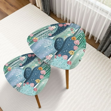 Triangle Nesting Coffee Table Set of 2 Beautiful pastel vintage cactuses succulents pink white yellow flowers End Table Modern Minimalist Side Table Set for Living Room Bedroom