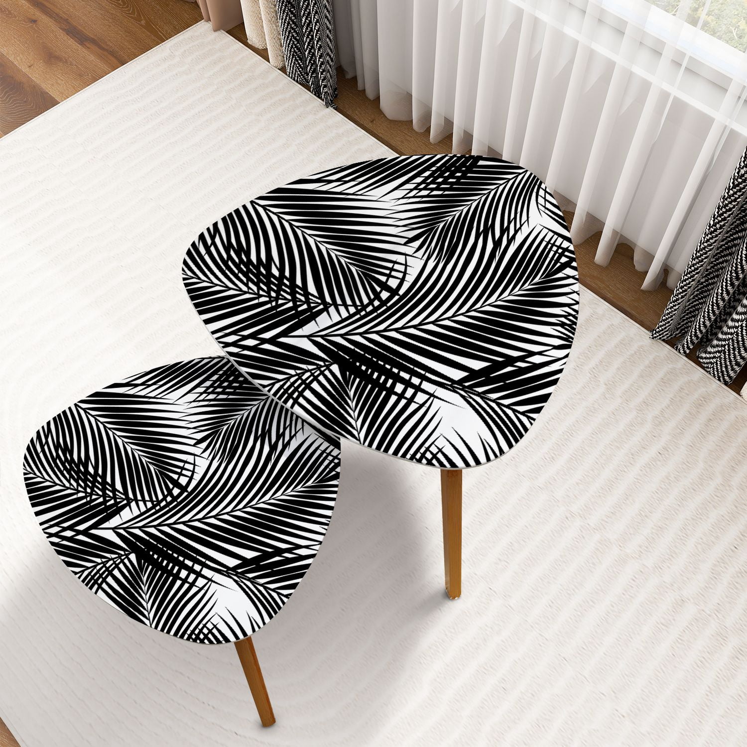 Triangle Nesting Coffee Table Set of 2 Black tropical palm leaves ...