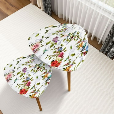 Triangle Nesting Coffee Table Set of 2 Bright wide vintage seamless Rose peony humming birds End Table Modern Minimalist Side Table Set for Living Room Bedroom