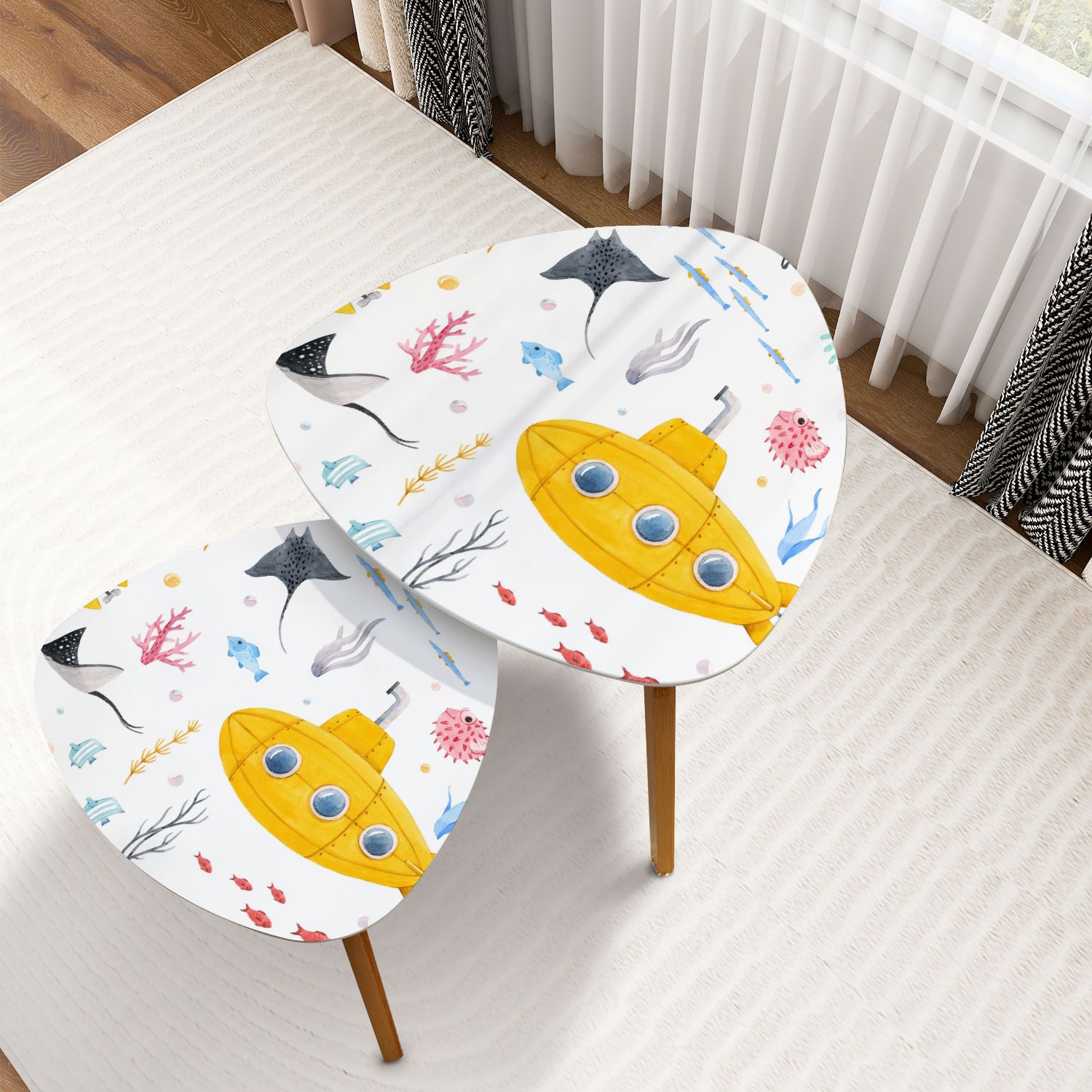 Triangle Nesting Coffee Table Set of 2 Childrens cute watercolor sea ...