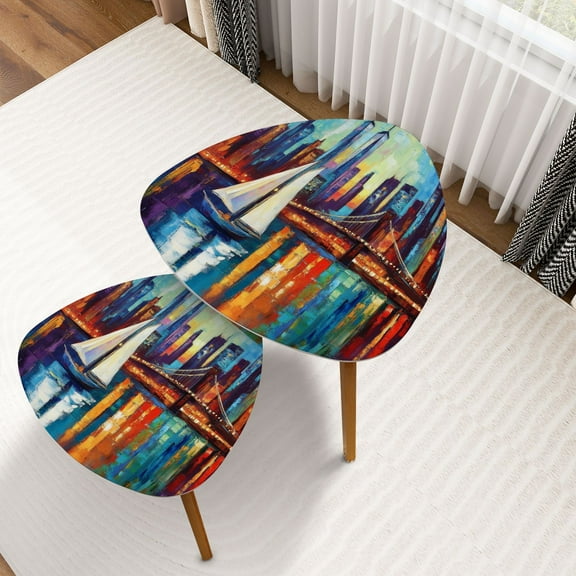 Triangle Nesting Coffee Table Set of 2 Cityscape Abstract Brooklyn Bridge Modern NYC Skyline Colorful Bridge End Table Modern Minimalist Side Table Set for Living Room Bedroom