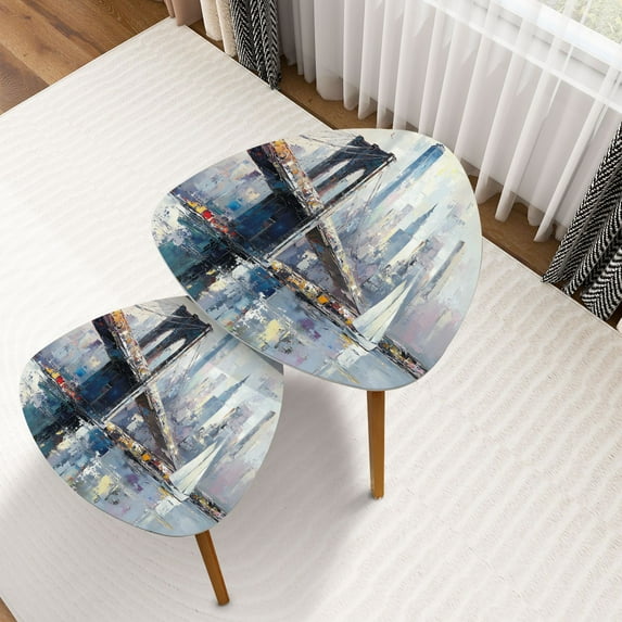 Triangle Nesting Coffee Table Set of 2 Cityscape Abstract Brooklyn Bridge Modern NYC Skyline Colorful Bridge End Table Modern Minimalist Side Table Set for Living Room Bedroom