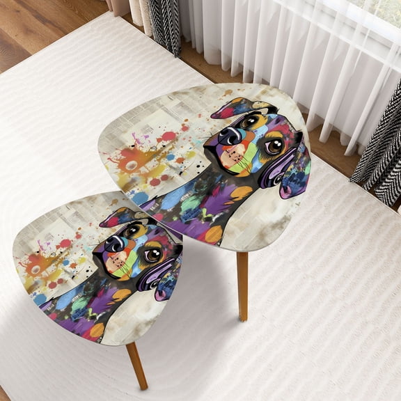 Triangle Nesting Coffee Table Set of 2 Cool Colorful Graffiti Dog Funny Animal Art Paint Splashes Headphones End Table Modern Minimalist Side Table Set for Living Room Bedroom