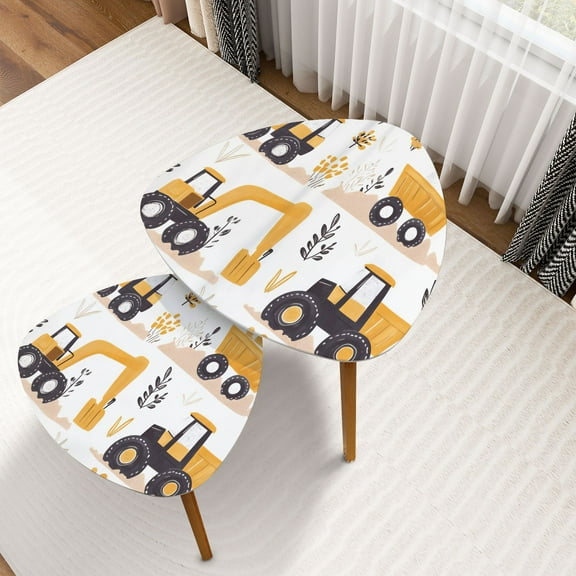 Triangle Nesting Coffee Table Set of 2 Doodle Childish Construction Machines Seamless Pattern Cars For Kids End Table Modern Minimalist Side Table Set for Living Room Bedroom
