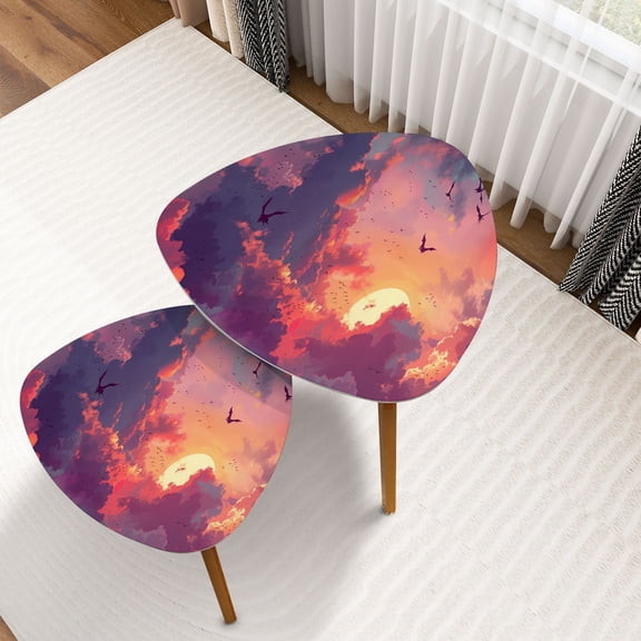 Triangle Nesting Coffee Table Set of 2 Dreamy Sky Canvas Dragons Pegasi Sunset Silhouette End Table Modern Minimalist Side Table Set for Living Room Bedroom