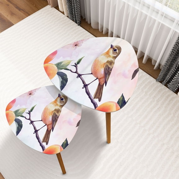 Triangle Nesting Coffee Table Set of 2 Floral Bird Print Songbird Branch Peach Blossoms Peaches Leaves Gentle End Table Modern Minimalist Side Table Set for Living Room Bedroom