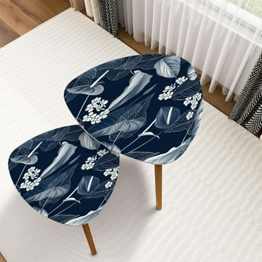 Triangle Nesting Coffee Table Set of 2 Floral seamless pattern Anthurium flowers leaves blue tone dark blue End Table Modern Minimalist Side Table Set for Living Room Bedroom