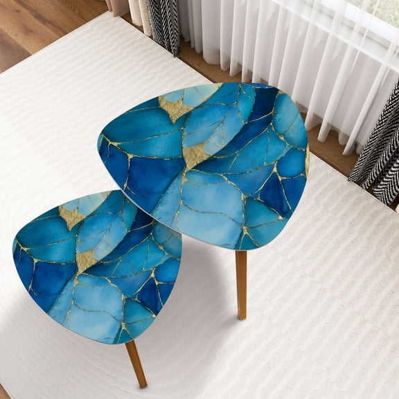 Triangle Nesting Coffee Table Set of 2 Gold Leaf Floral Blue Boho Watercolor Vintage Leaves Branches Natural End Table Modern Minimalist Side Table Set for Living Room Bedroom