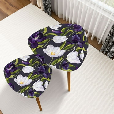 Triangle Nesting Coffee Table Set of 2 Hand drawn white purple realistic tulips flowers green leaves seamless End Table Modern Minimalist Side Table Set for Living Room Bedroom