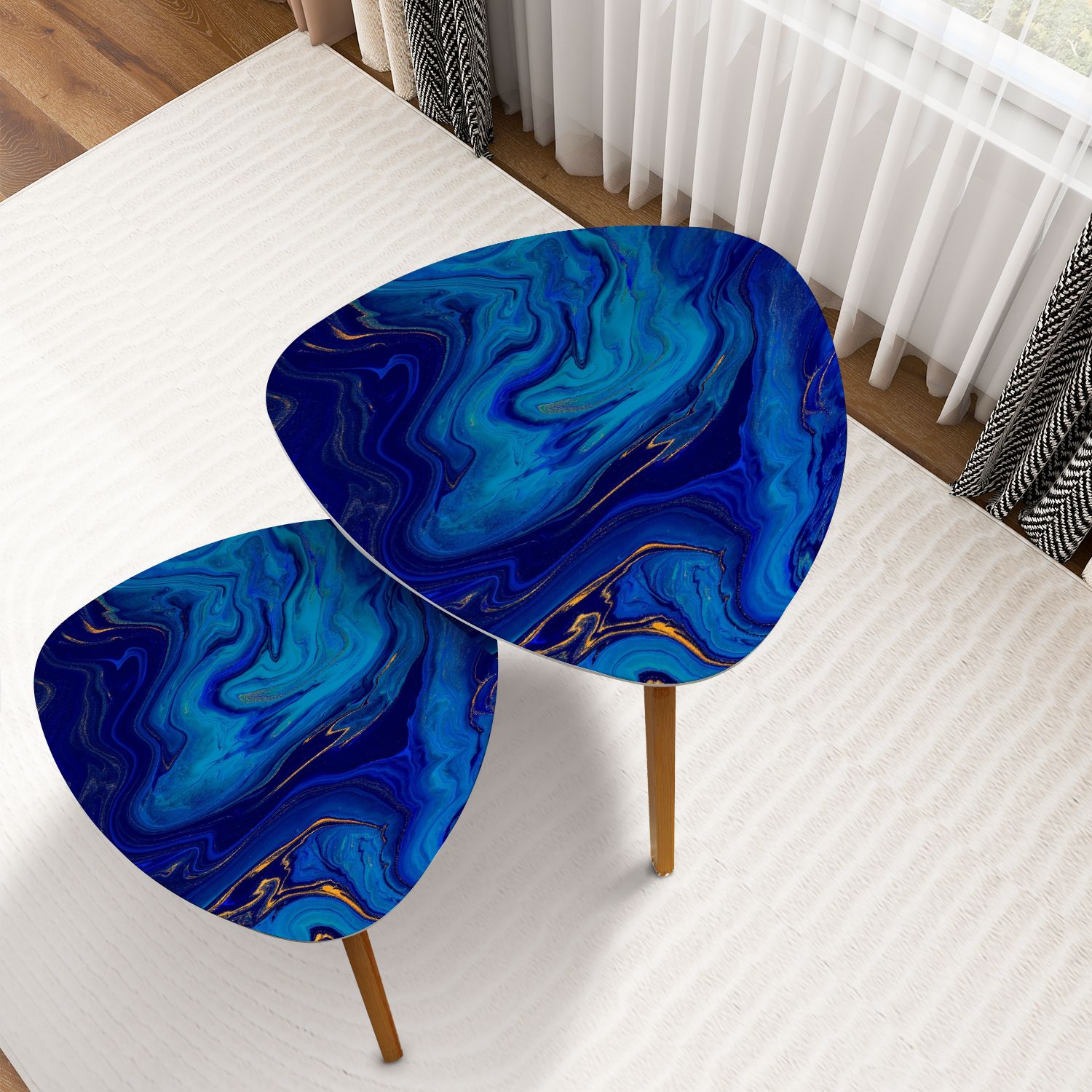 Triangle Nesting Coffee Table Set of 2 Hand painted mixed liquid blue ...