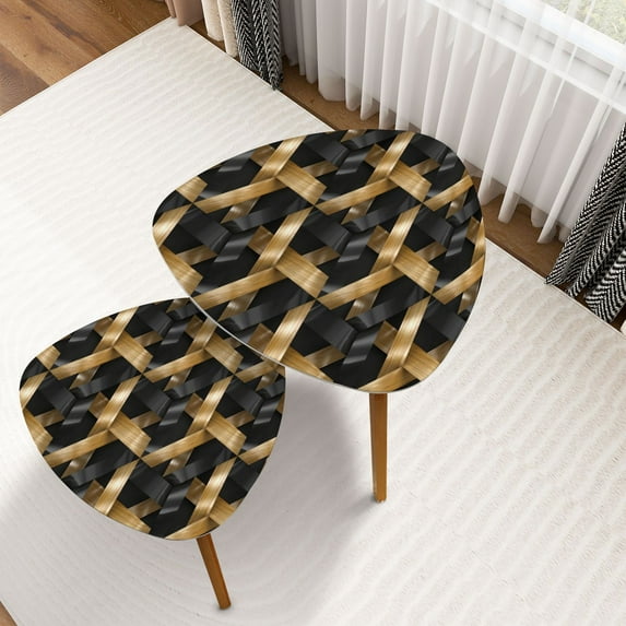 Triangle Nesting Coffee Table Set of 2 Interlocking stripes wooden golden 3d texture Material wood oak End Table Modern Minimalist Side Table Set for Living Room Bedroom