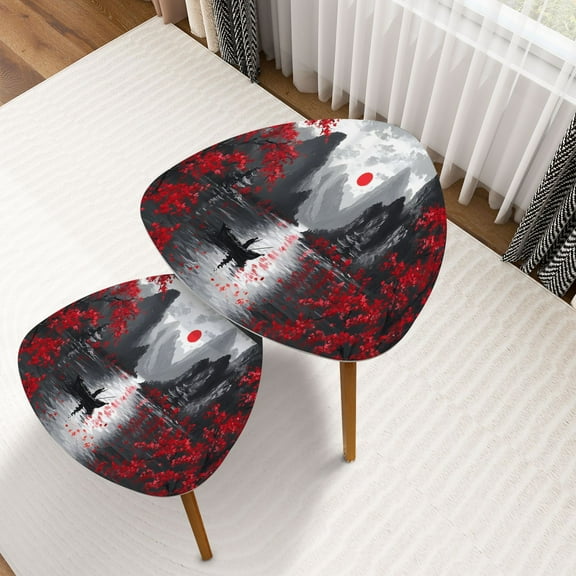 Triangle Nesting Coffee Table Set of 2 Japanese Style Splash Ink Landscape Painting Red Cherry Blossom End Table Modern Minimalist Side Table Set for Living Room Bedroom