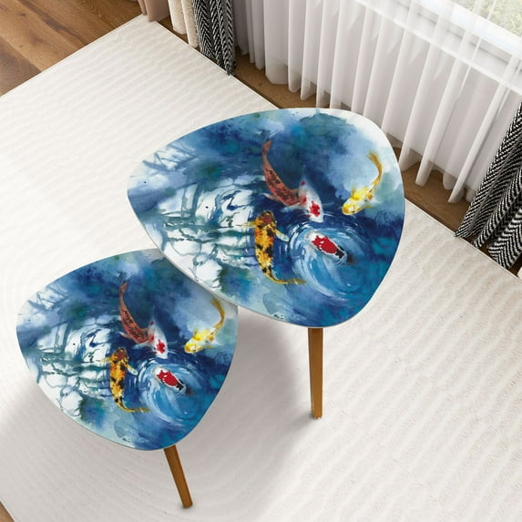 Triangle Nesting Coffee Table Set of 2 Koi colorful fish pond carp watercolor painting End Table Modern Minimalist Side Table Set for Living Room Bedroom