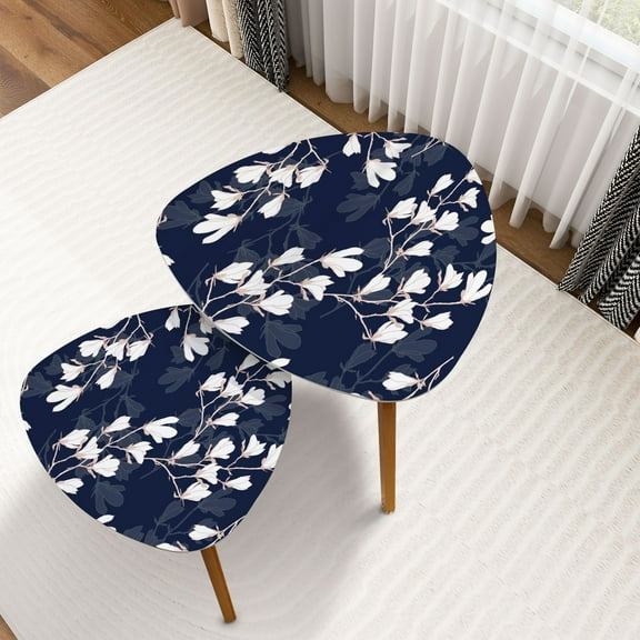 Triangle Nesting Coffee Table Set of 2 Magnolia flower Seamless pattern white flowers navy blue End Table Modern Minimalist Side Table Set for Living Room Bedroom