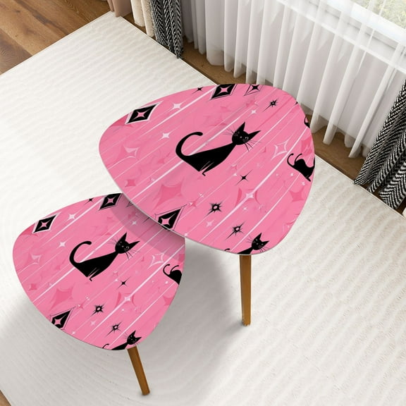 Triangle Nesting Coffee Table Set of 2 Mid Century Black Cat Pink Atomic Abstract Vintage Boho Geometric End Table Modern Minimalist Side Table Set for Living Room Bedroom