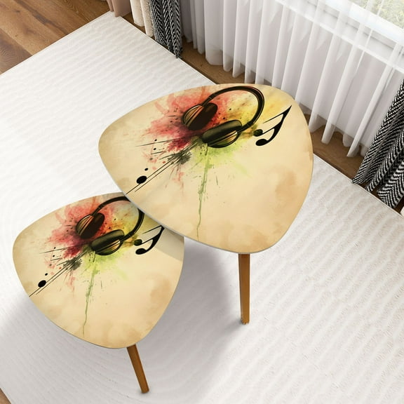 Triangle Nesting Coffee Table Set of 2 Music Artistic Microphone Headset Modern Headphones Note Color End Table Modern Minimalist Side Table Set for Living Room Bedroom
