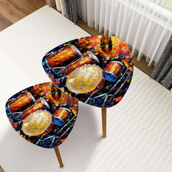 Triangle Nesting Coffee Table Set of 2 Music Drum Set Prints Artwork Paintings Lover Abstract Canvas Art Drum End Table Modern Minimalist Side Table Set for Living Room Bedroom