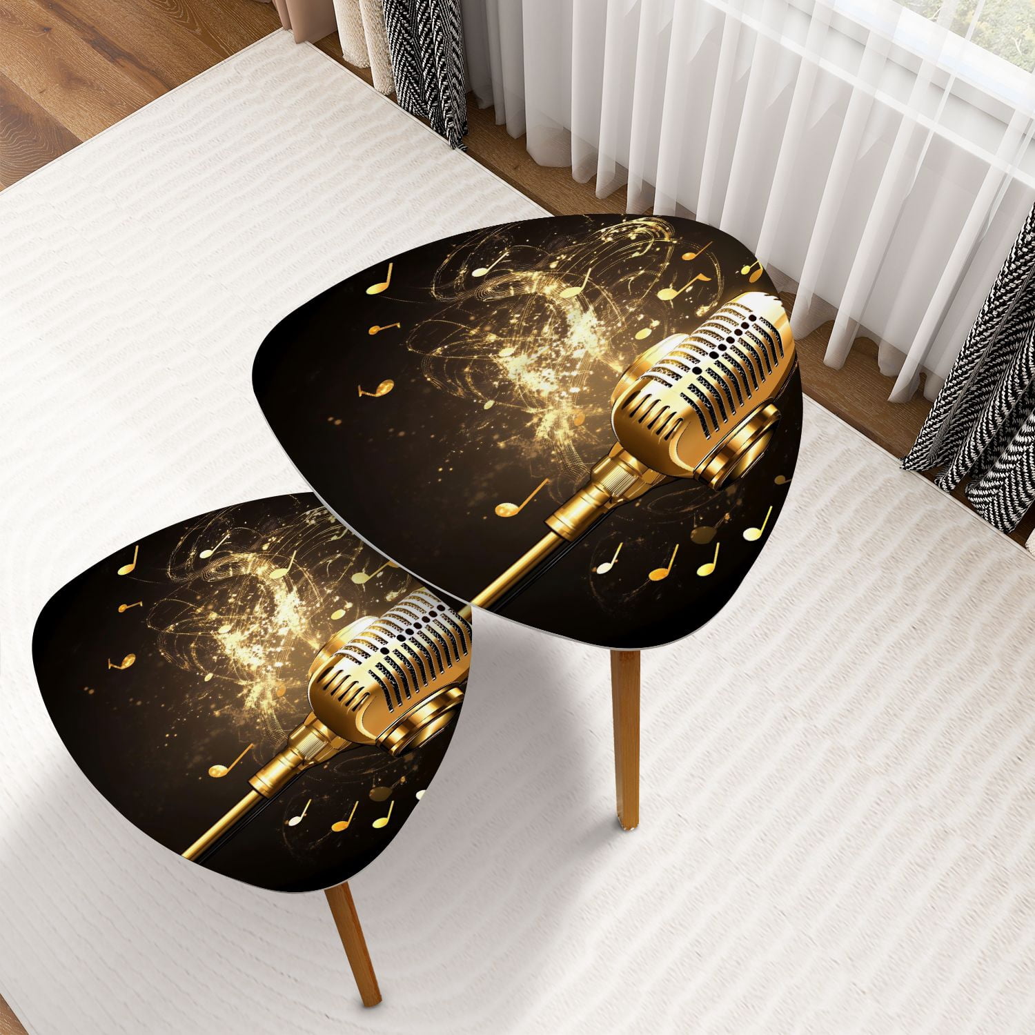Note On Room Table Triangle Nesting Coffee Table Set of 2 Music Gold Metal Microphone ...