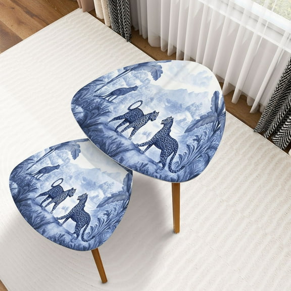Triangle Nesting Coffee Table Set of 2 Navy Blue Leopard Vintage Decorative Leopards Tropical Leaves Branches End Table Modern Minimalist Side Table Set for Living Room Bedroom