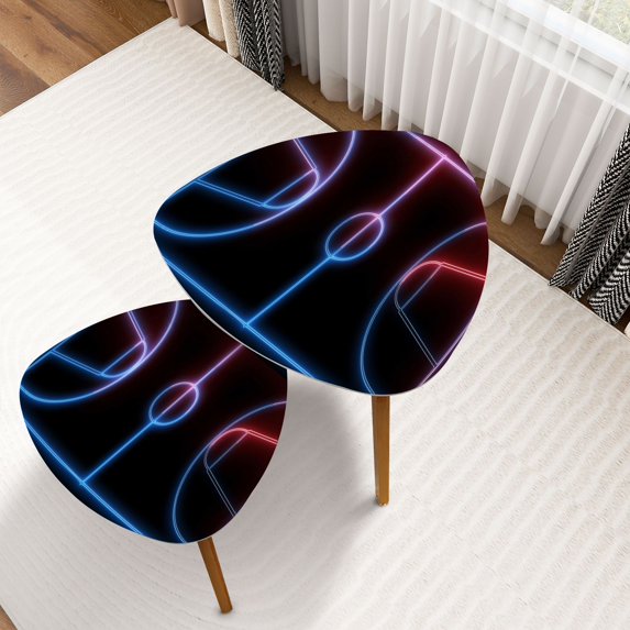 Triangle Nesting Coffee Table Set of 2 Neon shiny glowing outline Basketball court Sport area End Table Modern Minimalist Side Table Set for Living Room Bedroom