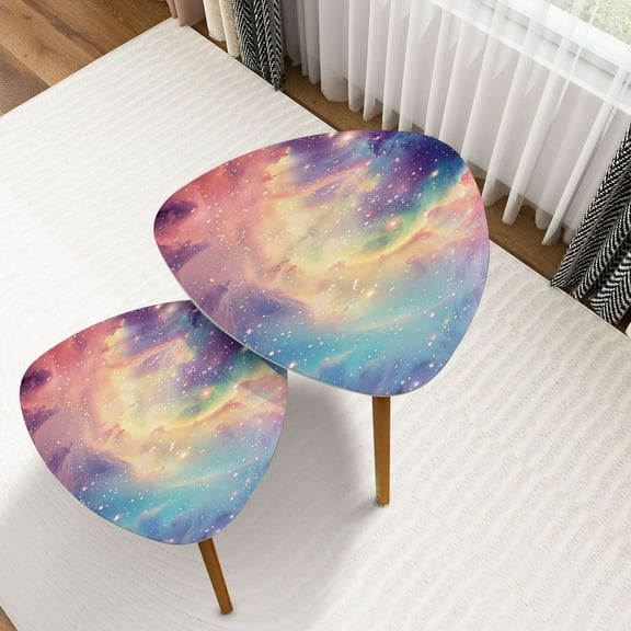 Triangle Nesting Coffee Table Set of 2 Pastel Colored Star Whimsical Stained Glass Print End Table Modern Minimalist Side Table Set for Living Room Bedroom