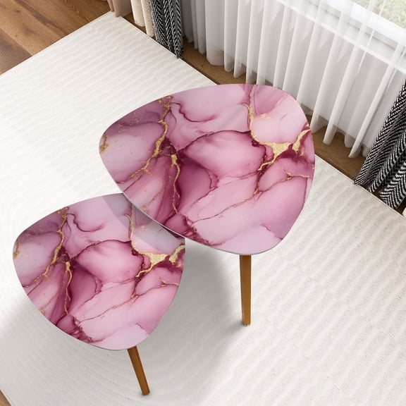Triangle Nesting Coffee Table Set of 2 Pink Marble Blush Pink Abstract Gold Foil Pink White Pink Gold Modern End Table Modern Minimalist Side Table Set for Living Room Bedroom