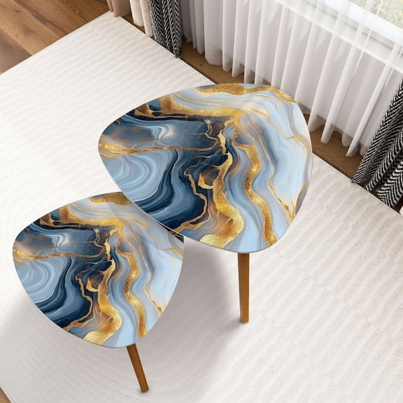 Triangle Nesting Coffee Table Set of 2 Retro White Gold Marble Marble Patterns Gold Veins Gray White Shades End Table Modern Minimalist Side Table Set for Living Room Bedroom
