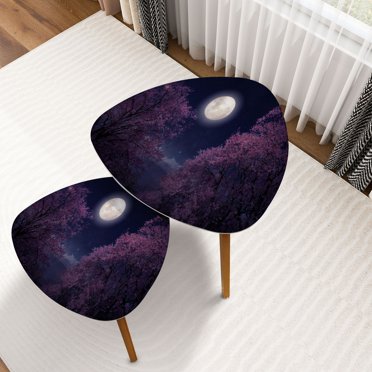 Triangle Nesting Coffee Table Set of 2 Romantic night scene Beautiful cherry blossom flowers night skies full End Table Modern Minimalist Side Table Set for Living Room Bedroom