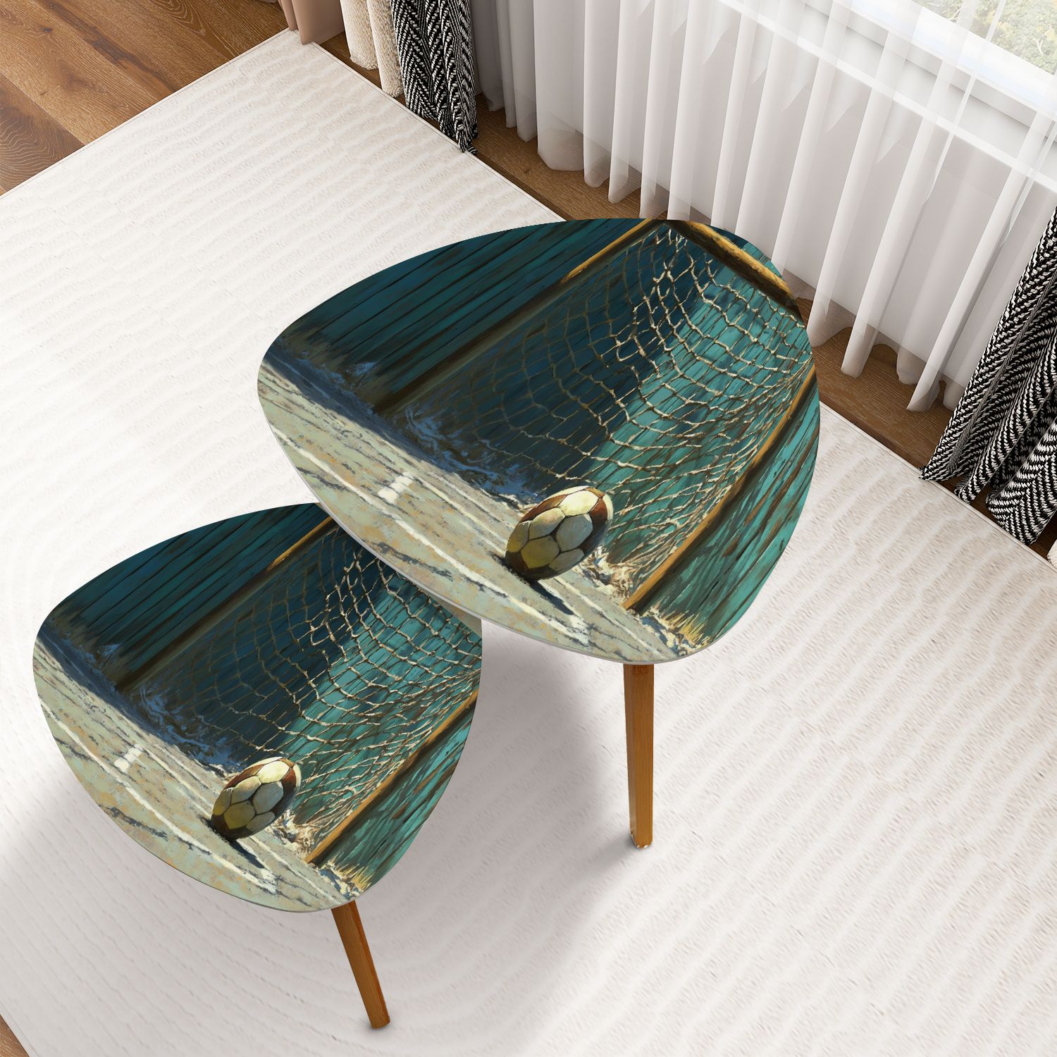 Triangle Nesting Coffee Table Set of 2 Rustic Soccer Football Baseball ...