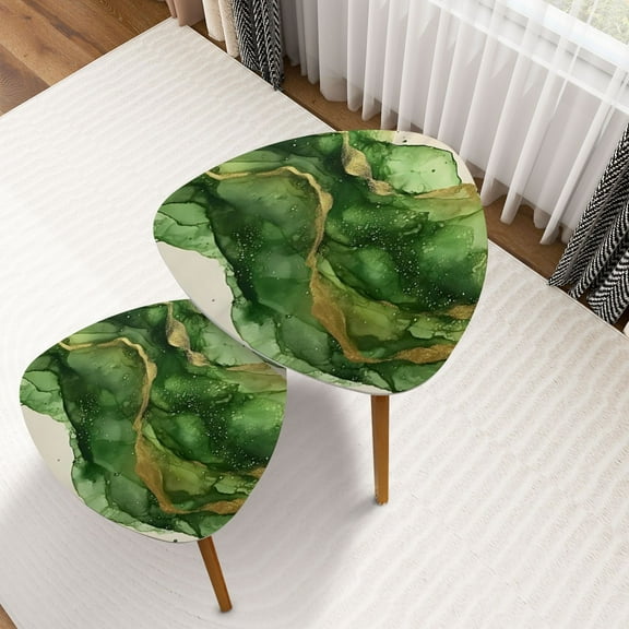 Triangle Nesting Coffee Table Set of 2 Sage Green Abstract Green Minimalist Modern Marble Line Beige Gold End Table Modern Minimalist Side Table Set for Living Room Bedroom