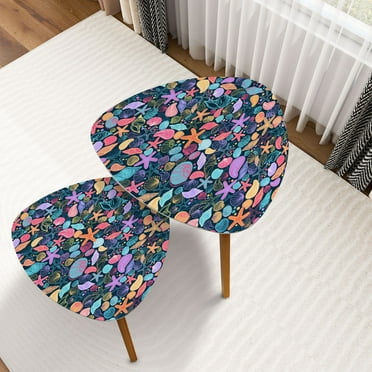 Triangle Nesting Coffee Table Set of 2 Seamless pattern colorful small seashells starfish dark End Table Modern Minimalist Side Table Set for Living Room Bedroom