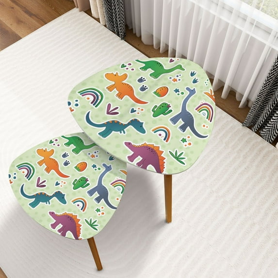 Triangle Nesting Coffee Table Set of 2 Set cartoon stickers lovely dinosaurs characters Dino colorfull print End Table Modern Minimalist Side Table Set for Living Room Bedroom