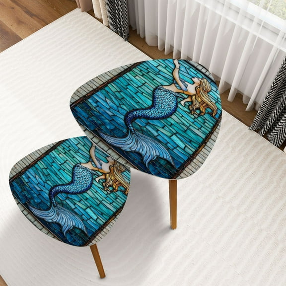 Triangle Nesting Coffee Table Set of 2 Stained Glass Window Panel Ocean Waves Long Hair Fish Scales End Table Modern Minimalist Side Table Set for Living Room Bedroom