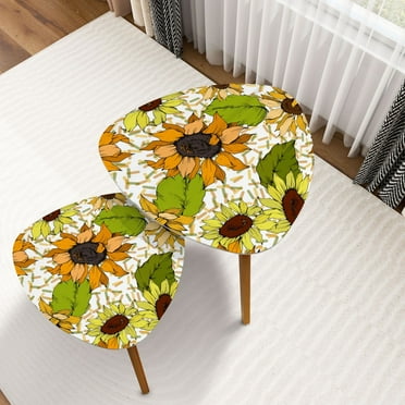 Triangle Nesting Coffee Table Set of 2 Sunflower floral botanical flower Yellow green engraved End Table Modern Minimalist Side Table Set for Living Room Bedroom