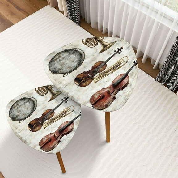 Triangle Nesting Coffee Table Set of 2 Vintage Music Abstract Guitar Drum Violin Colorful Musical Instruments End Table Modern Minimalist Side Table Set for Living Room Bedroom
