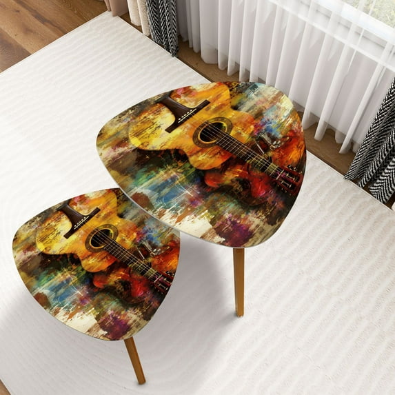 Triangle Nesting Coffee Table Set of 2 Vintage Music Abstract Guitar Violin Colorful Musical Instruments End Table Modern Minimalist Side Table Set for Living Room Bedroom