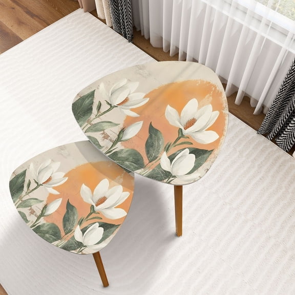 Triangle Nesting Coffee Table Set of 2 Vintage White Magnolia Floral Sunset Orange Boho Magnolia Flowers End Table Modern Minimalist Side Table Set for Living Room Bedroom