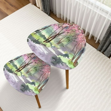 Triangle Nesting Coffee Table Set of 2 Watercolor blooming trees park Cercis Judas tree Spring pink blossom End Table Modern Minimalist Side Table Set for Living Room Bedroom