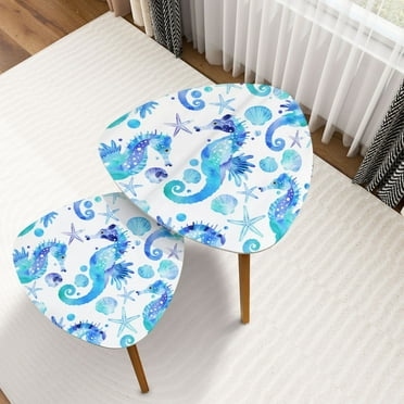 Triangle Nesting Coffee Table Set of 2 Watercolor seahorses starfishes seashells blue turquoise End Table Modern Minimalist Side Table Set for Living Room Bedroom