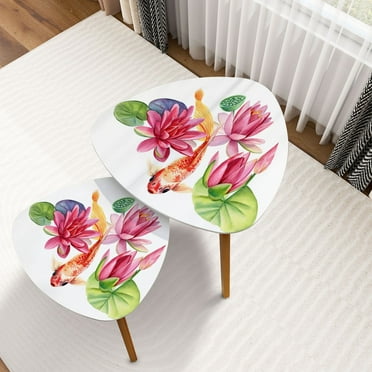 Triangle Nesting Coffee Table Set of 2 beautiful flowers lotus fish white watercolor drawing End Table Modern Minimalist Side Table Set for Living Room Bedroom