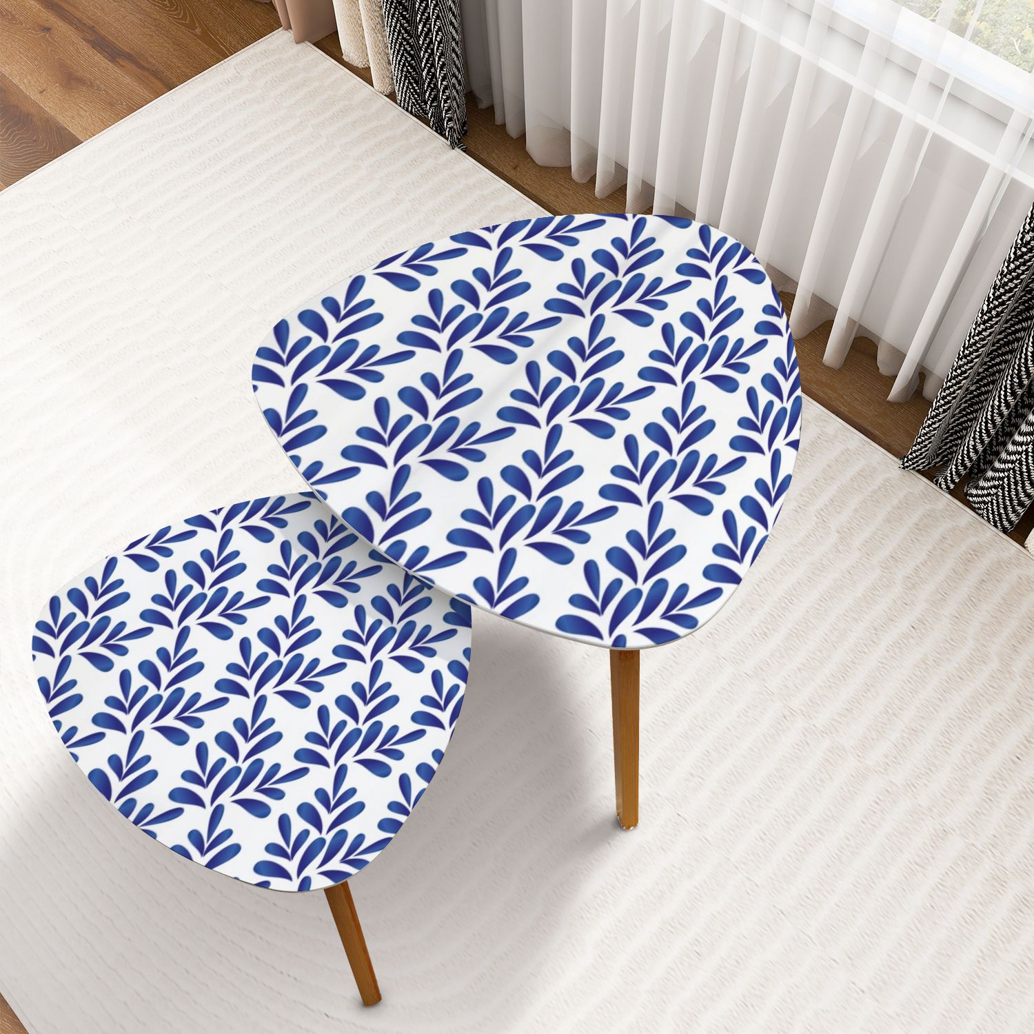 Triangle Nesting Coffee Table Set of 2 ceramic blue white leaves ...