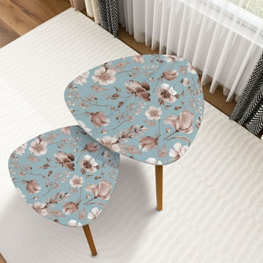 Triangle Nesting Coffee Table Set of 2 pattern spring watercolor flowers hand painted monochrome color End Table Modern Minimalist Side Table Set for Living Room Bedroom