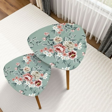 Triangle Nesting Coffee Table Set of 2 red grey flowers leaves bunches pattern green End Table Modern Minimalist Side Table Set for Living Room Bedroom